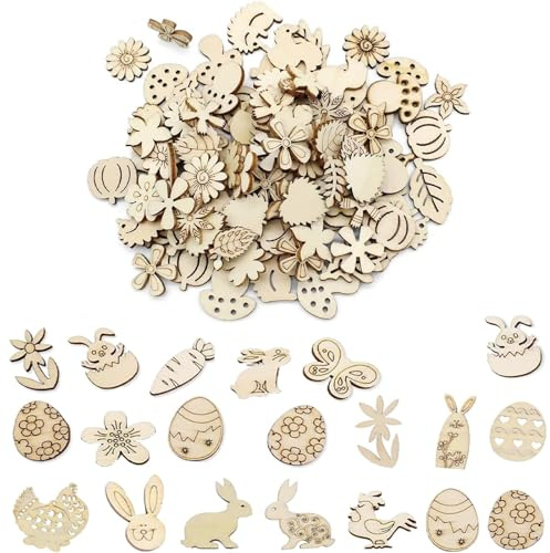 100 Teile Holzfiguren Set mit Blumen und Hasen Motiven zum basteln. Ideal als frühlingshafte tischdeko sowie kreative deko für die Festtafel.