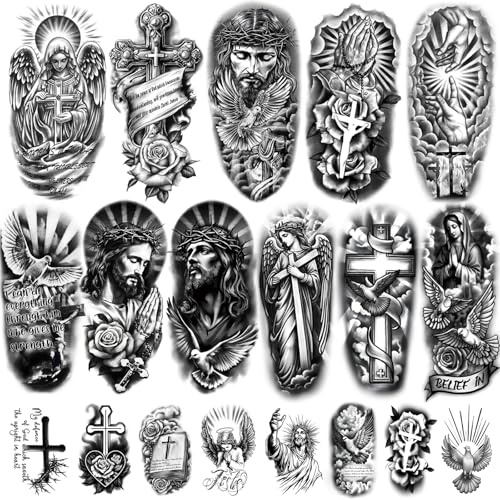 77 ark kristen tillfällig tatuering för kvinnor och män, 17 ark halvärm kors Jesus Gud ängel falska tatueringar för arm och bröst på vuxna, 60 ark små tatueringsklistermärken för barn