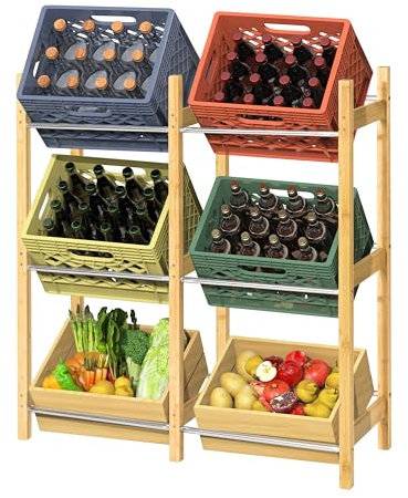 Ribelli Estantería para 6 cajas, estante para bebidas de bambú, soporte para cajas de bebidas, soporte para cajas de botellas, estantería estable para bebidas, agua, cerveza, frutas, verduras