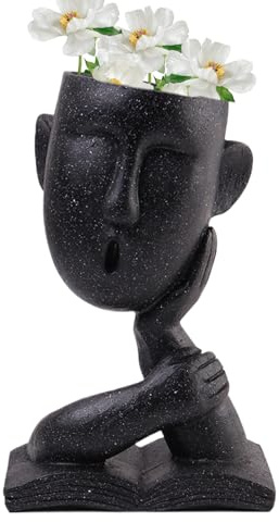 Gesichts-Blumentopf – Gesichtspflanzgefäß – weiblicher Kopf aus Keramik, schwarz, Vintage-Kunst-Porträt, Skulptur, Pflanze, niedlich, kreativ, Kunstharz, moderne Vase, Handarbeit für Dekoration, Haus