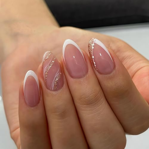 24 Stück Nägel Zum Aufkleben French - Falsche Nägel mit Gold Glitzer Design - Full Cover Mittel Press on Nails Mandel - Atmungsaktiv Künstliche Fingernägel für Frauen Mädchen (White & Gold Glitter)