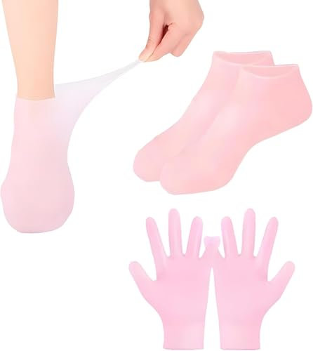2 Pairs Silicone Moisturizing Gloves Socks Set,Reusable Moisturiser Socks Gloves for Women,Women Spa Pedicure Sock Glove for Softening Repairing Dry Feet Hand Cracked Skin,Pink