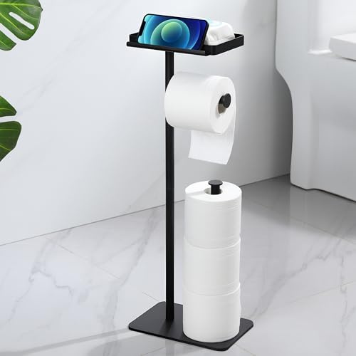 Toilet Roll Holder Free Standing with Shelf & Phone Holder, Holds 4 Rolls