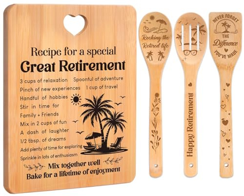 Retirement Gifts for Woman/Men 2026, Happy Retirement Bamboo Cutting Board Set with Gift Box for Colleagues, Friends, Teachers, Bosses, Parents, Family - Recipe for a Special Great Retirement.