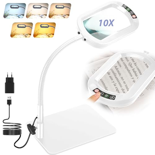 Drdefi 10X Rectangle Lupe mit Licht und Ständer, Echtes Glas Lupenlampe, 5 Farbmodi Stufenlos Dimmbar, Flexible Schwanenhals LED Beleuchtete Schreibtischlampe, Freihändige Lupenleuchte für Lesen Weiß