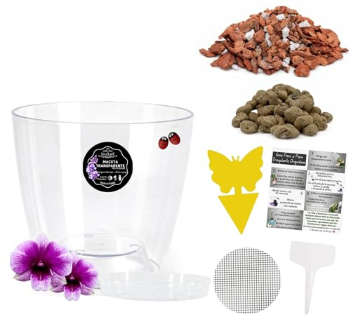 LiveLaif® Kit Trasplante Orquídeas: Maceta Orquídea Transparente Ø16,5cm (Agujeros y Plato) + Sustrato Orquídeas Premium con Corteza de Pino, Coco, Arlita, Perlita, Vermiculita, Abono NPK + Accesorios