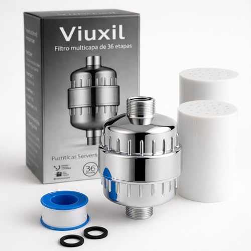 Filtro Agua Ducha 36 Etapas Viuxil Purificador de Agua con 2 Cartuchos Reemplazables Alta Presión, Fácil Instalación y Diseño Cromado Mini descalcificador de agua domestico y Filtro Ducha Antical