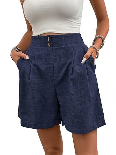 Zesoyne Women Bermuda Shorts Knee Length Casual Summer Trendy Elastic High Waist Straight Leg Shorts with Pockets M Navy Blue