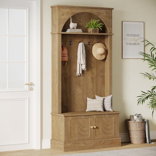 Tribesigns Garderobe Set, Flurgarderobe mit Sitzbank und Schuhschrank, 4 in 1 Kompaktgarderobe, Flurschrank mit 5 Doppelhaken, Landhausstil, für Flur Eingangsbereich, 83x35x180cm, Braun