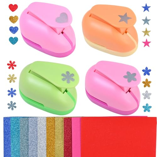 4 Pezzi Perforatrici Carta set, Fustellatrici per Carta con 20 Fogli Glitter, Stella, Cuore, Fiocco di Neve & Fiore per Scrapbooking, Biglietti DIY, Album Foto, Artigianato