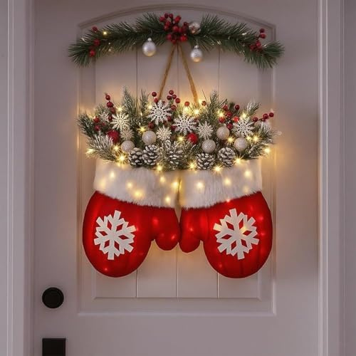 Funkelnder Weihnachtshandschuh Kranzs, Beleuchteter Weihnachtskranz Für Haustür, Funkelnde Künstliche Girlande Mit LED Lichtern Roten Beeren Tannenzapfen Zweigen, Beleuchteter Weihnachtshandschuhkranz