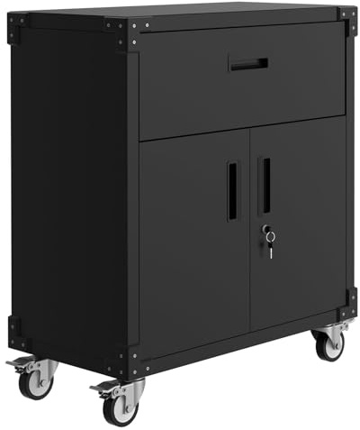 Werkzeugschrank mit Rollen, Aktenschrank Stahl mit Schublade, 2 Türen abschließbar & Höhenverstellbarer Einlegeboden, Büroschrank Stahlschrank Metallschrank für Garage, Haus und Büro 80 x 42 x 90 cm