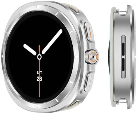 Suphart Metallfodral kompatibla med Samsung Galaxy Watch 9/8 44 mm fodral | Rostfritt stål skyddskåpa robust stötfångare med bakram för Galaxy Watch 9/8 44 mm, silver/vit