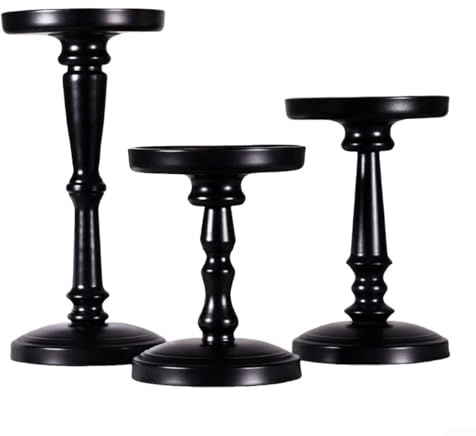 Juego de 3 portavelas de metal con acabado negro mate que varían alturas para velas LED sin llama, elegante candelabro de mesa adecuado para bodas, fiestas festivas (negro)