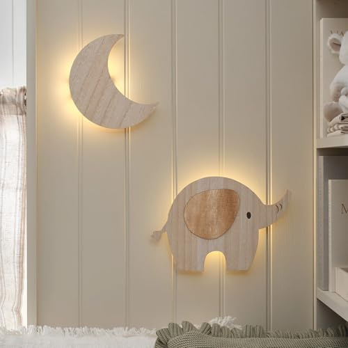 Lights4fun Set Wandlampen Mond & Elefant | warmweiße LEDs| Batteriebetrieben | Fernbedienung & Timer | Kinderzimmer Schlafzimmer Wandleuchte | Deko Wanddeko Nachtlampe Nachtlicht