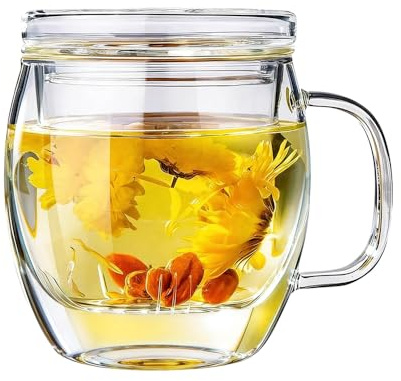 Teetasse mit Sieb und Deckel 500 ml, Teeglas aus Borosilikatglas mit Henkel | BPA-frei, hitzebeständig, spülmaschinenfest, abnehmbarer Glasfilter, für losen Tee, Kräutertee, Schwarztee sowie Heißgetränke