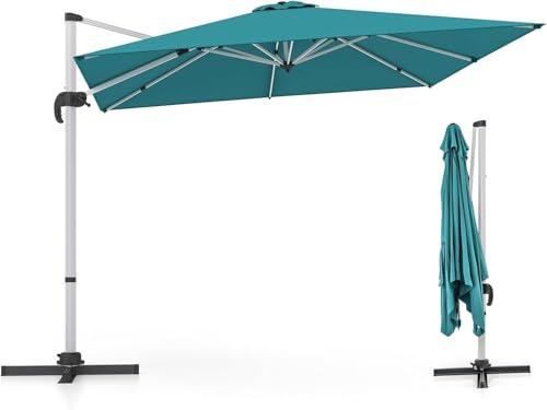 GOPLUS Parasol de Jardin Extérieur, Parasol Déporté 3x3M avec Poteau en Aluminium, UPF50+, Rotation 360°, 5 Angle Réglable, Manivelle, 8 Baleines, pour Balcon Patio Piscine Terrasse