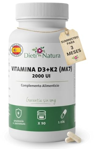 Vitamina D3 y K2 2000 UI + Vitamina K2 MK7 Alta Absorción - 1 Cápsula Día - 3 Meses suministro- Sistema Inmunitario y Huesos - 90 Cápsulas -