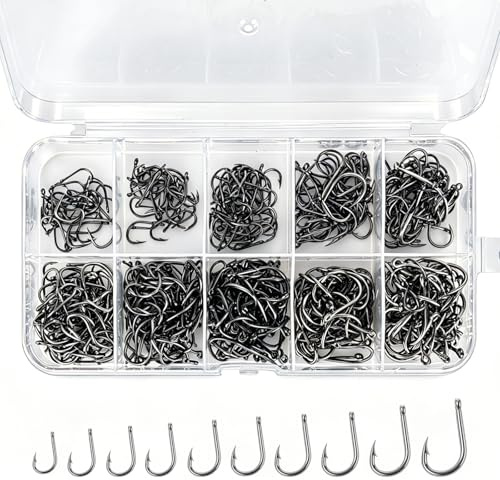 Hbzunt 500 anzuelos de pesca de acero al carbono, 10 tamaños, juego de anzuelos con púas y caja de plástico, 3# - 12#