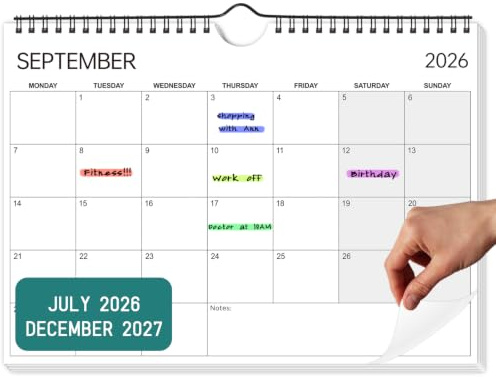 Calendar 2026-2027,18 Months Calendar A4 Size from Jul. 2026 to Dec. 2027 | Wall Planner Family Calendar 2026/27 Month to View for Home Office,School,30 x 21 cm