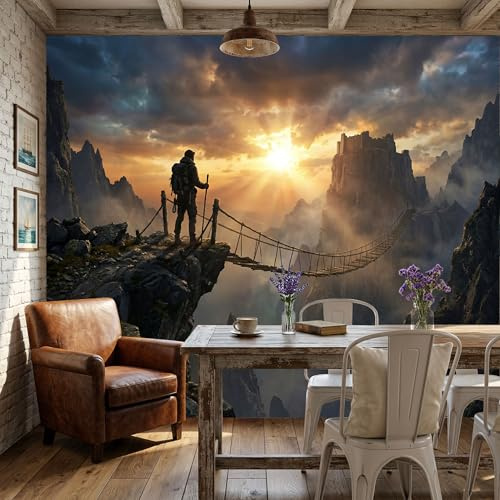 Fotomurales 200x140cm - Papel Pintado Efecto 3D Acantilados Puentes Colgantes Excursionistas, Papel Tapiz Fotográfico Senderismo De Montaña Fotomurales Pared Seda Decor De Pared Sala Cuarto Salón