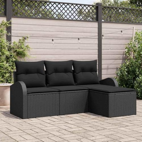 GeenYuu Set di divani con cuscini e vano portaoggetti, 4 pezzi, in rattan sintetico, resistente alle intemperie, modulare per giardino, terrazza, balcone, con poggiapiedi e gruppo di sedute per