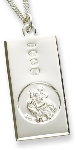 Solid 925 Sterling Silver Large St Christopher Rectangular Pendant With Custom Hallmark 30mm x 16mm and Optional 1.8mm Wide Diamond Cut Curb Chain In Gift Box (available in 16 to 40)