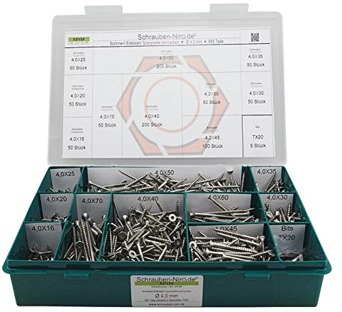 Sortiment Edelstahl A2 Schrauben, Durchmesser 4,0 mm, 855 Teile ; Holzschrauben/Spanplattenschrauben mit verstärktem Kopf; Material VA V2A