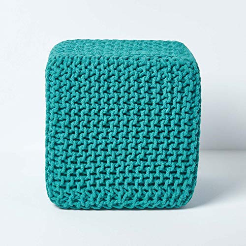 Homescapes gestrickter Sitzhocker Sitzwürfel blaugrün, Strick Sitzpuff 35 x 35 x 35 cm, Strickhocker mit grob gestricktem Bezug aus 100% Baumwolle, Füllung aus 100% Polystyrol, Petrol