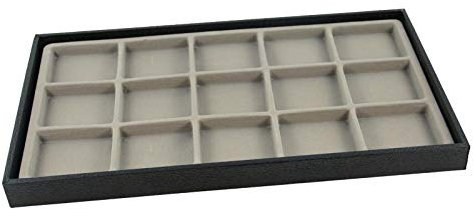 Schmucktablett aus Kunststoff, stapelbar, mit grauer Beflockung, Schwarz Tray with 15 Compartment Insert