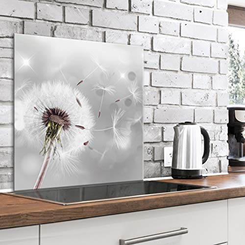 murando Glass Splashback for Kitchen Backsplash Cooker Protector | Tempered Glass Decorative Wall Art Panel Heat Resistant Graphic 80x80 cm / 32x32 Flowers Dandelion Grey White