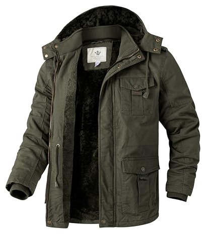 WenVen Chaqueta de Algodón a Prueba de Viento Parka Casual Militar Clásica Parka Capucha Gruesa Extraíble con Pelo Cazadora Entretiempo Bolsillos Múltiples Hombres Verde Militar S