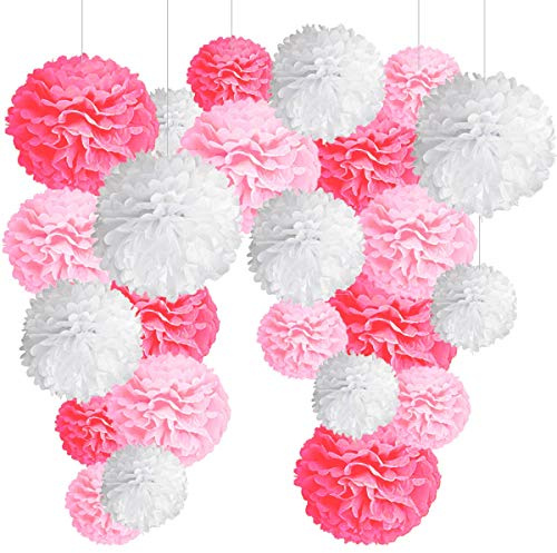 24 Pompons Fleurs Rose Décoration Baptême Fille, Pompoms en Papier de Soie. Deco Anniversaire ou Baby Shower -24 Pcs-