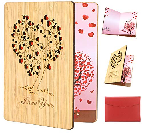 HOWAF Tarjeta Amor, Arbol del Amor Tarjeta de Felicitación de Madera con Sobres, Tarjetas San Valentin Regalo para Mujer, Hombre, Novio,Novia, y Regalos Aniversario Cumpleaños, Bodas