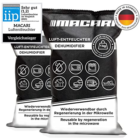 Macari Luftentfeuchter für Auto gegen beschlagene Scheiben 2x 1kg Kissen Ideal als Raumentfeuchter & Scheibenenteiser Entfeuchter Wiederverwendbar
