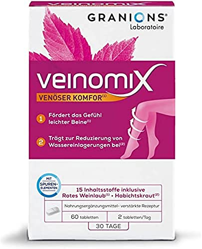 Durchblutung & Wassereinlagerungen - Veinomix - Mit Ginkgo Biloba, Rosskastanie & Magnesium - 60 teilbare Tabletten - 2-Monats-Kur - Gegen schwere Beine & für gesunde Venen - Glutenfrei - GRANIONS