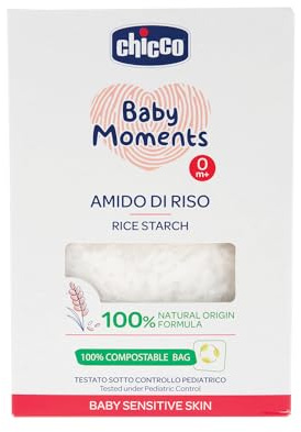 Chicco Baby Moments Amido di Riso, Apaisant et Rafraîchissant, Nettoyage Doux Sans Irriter ou Assécher la Peau, Action Émolliente, Bain pour Bébé, Poudre de Talc, 250 g, 0 Mois+