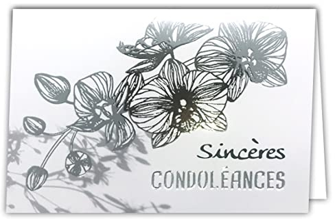 24-5003 Carte Argentée avec Enveloppe 145x105mm - Sincères Condoléances Courage Gerbe de Fleurs Orchidées Blanches pour Décès d'une Femme Deuil Cérémonie Enterrement Obsèques - Fabriqué en France