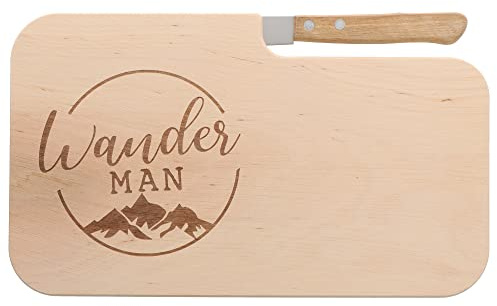Spruchreif | Brotzeitbrett mit Messer Wander Man – Graviertes Holzbrett mit Wander-Motiv | Lustiges Geschenk für Männer, Wanderer & Outdoor-Fans