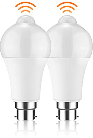 OurLeeme B22 PIR Motion Sensor LED Bulbs, 12W Smart Bayonet Light Bulb, White 3000K 200 Degree Auto On/Off Standard Light Bulbs for Front Door Hallway | Smart Bayonet Light Bulb, Auto On/Off Standard, for Front Door Hallway Basement Garage Stairs