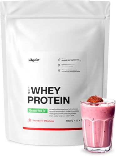 Vilgain® Whey Protein Grass-Fed | 100% Pure Whey Protein Powder | Fast Muscle Recovery and Building | Natural Flavour | Premium Quality Powder | Strawberry, 1000 g