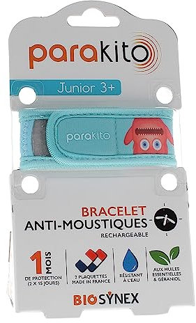 PARAKITO - Bracelet Anti-Moustiques Réutilisable - 2 Plaquettes Incluses aux Huiles Essentielles - 1 Mois de Protection - Sans DEET - Motif Monstres - Taille Junior 3+