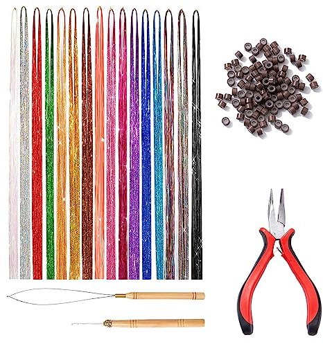 Hair Extension Set, Glitter Hair, Hair Extension, Haar Lametta Stränge, 16 Farben Glitzersträhnen für Haare, Mehrere Farben, Geeignet für Partys, Bars, Fotografie