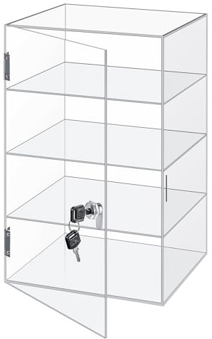 Barydat Acryl-Vitrine mit Schloss, Schlüssel, Aufsatzvitrine, transparente Vitrine, Vitrine, multifunktionale sichere Aufbewahrungsbox für Einzelhandel (24,9 x 24,9 x 39,9 cm, feste 4 Ebenen)