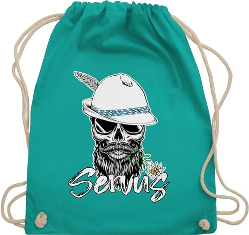 Turnbeutel Rucksack - Kompatibel mit Oktoberfest Tasche - Servus Totenkopf Skull Bayrisch - Unisize - Türkis - trachtenrucksack bayrische taschen trachtentaschen bayern beutel oktoberfest-tasche