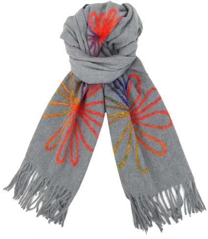 Ella Jonte Schal 4 Farben Herbst Winterschal mit Blume Schwarz Grau Beige Rosa