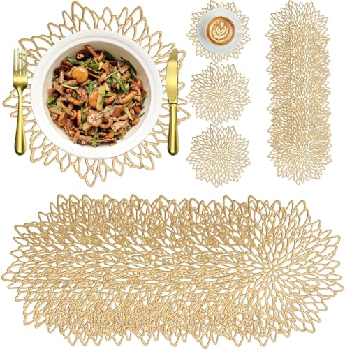 24 Pieces Placemats Coaster Set, Round Pressed Vinyl Placemat Metallic Place Mat Hollow Out Non Slip Heat Resistant Washable Table Mats for Dining Table Kitchen Decor, Wedding (Gold, 15 Inch)