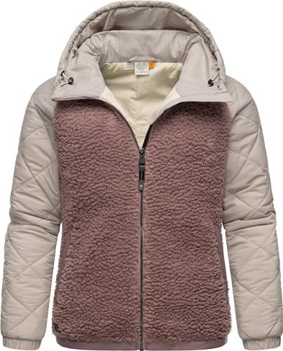 Ragwear warme Damen Übergangsjacke Hybrid-Plüschjacke kurz mit gesteppten Ärmeln und Kapuze Leeloo Mauve Blocked Gr. XXL