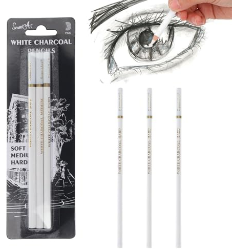 Bavooty Weißer Kohle Zeichenstifte,Professionell Zeichnen Kohlestift,Bleistift,Glattem Farbkern Aquarellstifte,Skizzieren Highlight Malstifte,Weißer Kreidestifte,Gelstifte Weiß zum Zeichnen,3PCS