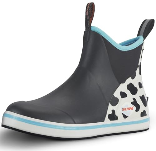 Showave Women's Deck Boots Waterproof Ankle Rain Footwear Non-Slip Rubber Boots for Boating Fishing Gardening Farming, Cow Print,Size 8